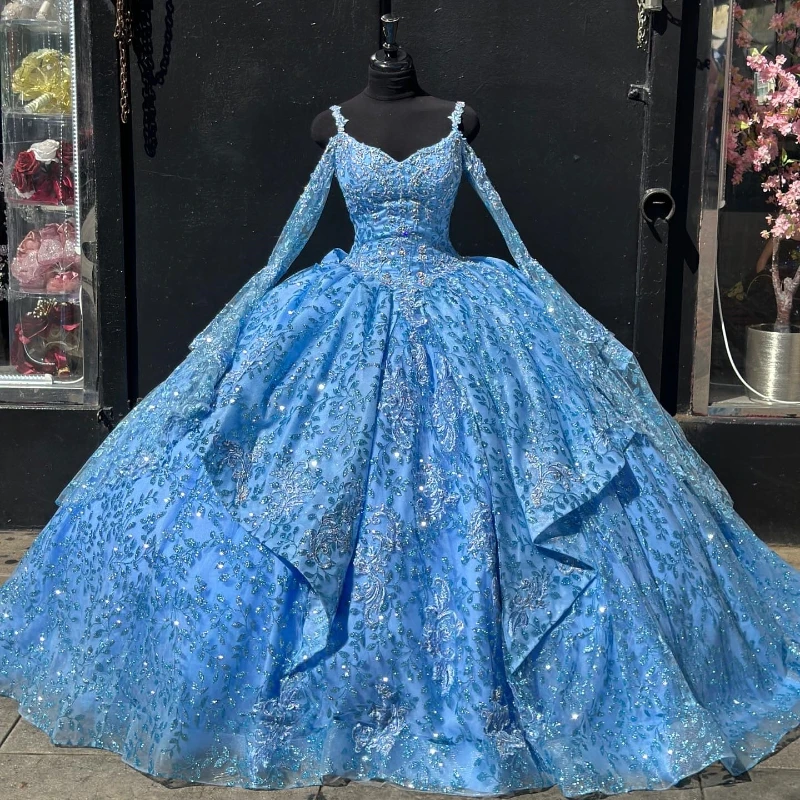 

Sky Blue Shiny Quinceanera Dress Off Shoulder Beads With Cape Princess Prom Ball Gown Sweet 16 XV Years Old Miss Birthday Pagean