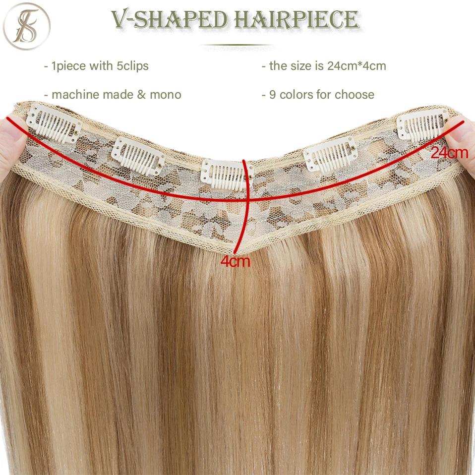 TESS V-shaped Hairpiece 75g 22inch Clip In Human Hair Extensions Hair Clip 3/4 Full Head Straight Blonde Natural Hair Extensions