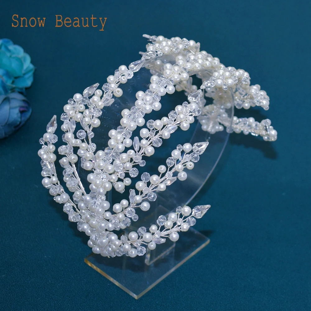 DZ076 Pearl Bridal Headband Crystal Bride Tiara Headpieces Silver Wedding Headdress Handmade Rhinestones Wedding Hair Jewelry