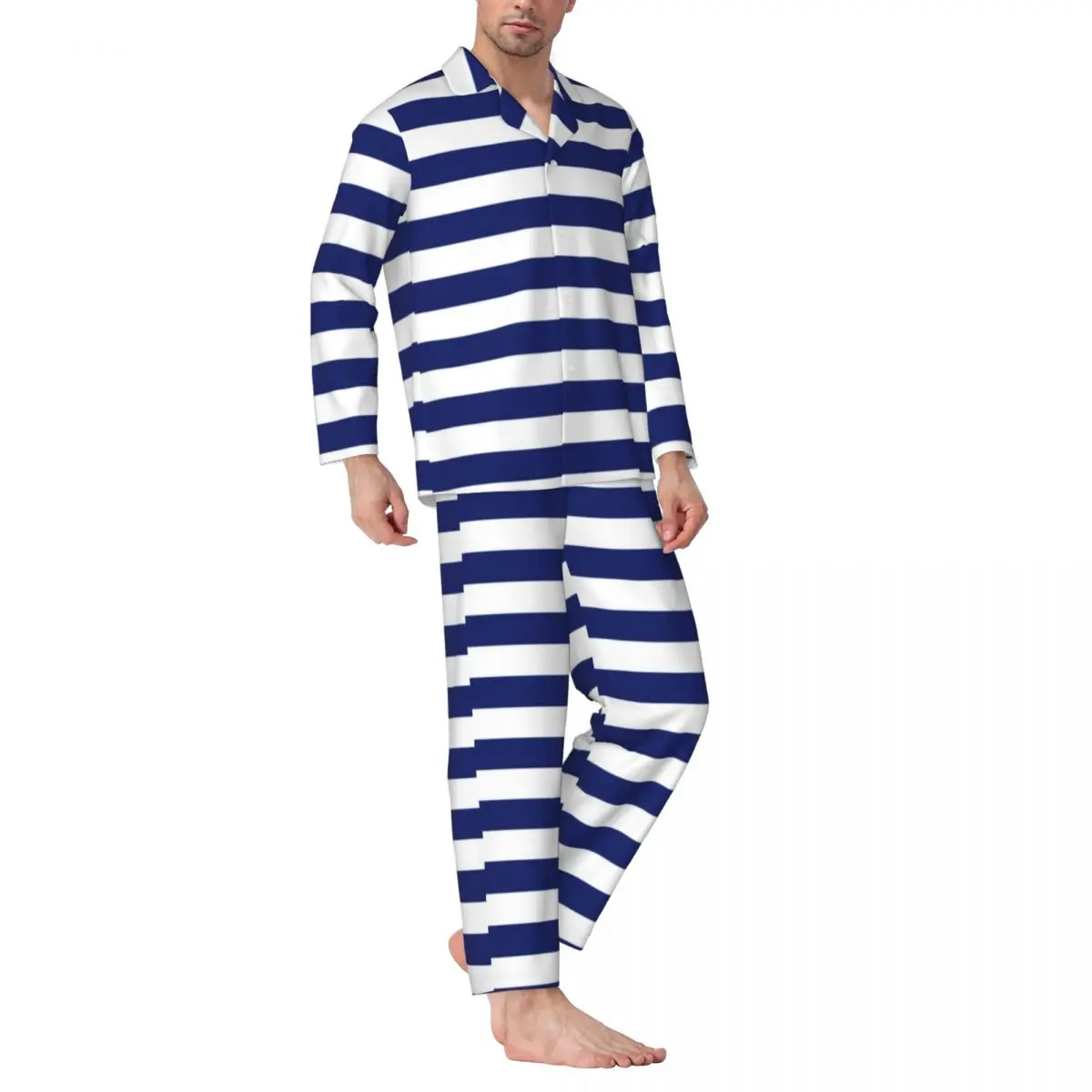 Retro Nautical Men Pajama Sets Autumn Navy Blue and White Stripe Vintage Oversized Long Sleeve Fashion Bedroom Nightwear men pyjamas