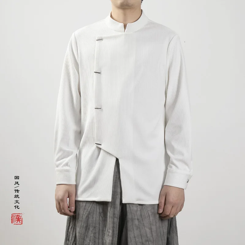 

2024 Spring/summer New Chinese Style Men's Standing Neck Improved Shirt Retro Trend Tang Dynasty Hanfu Long Sleeved Ethnic Man