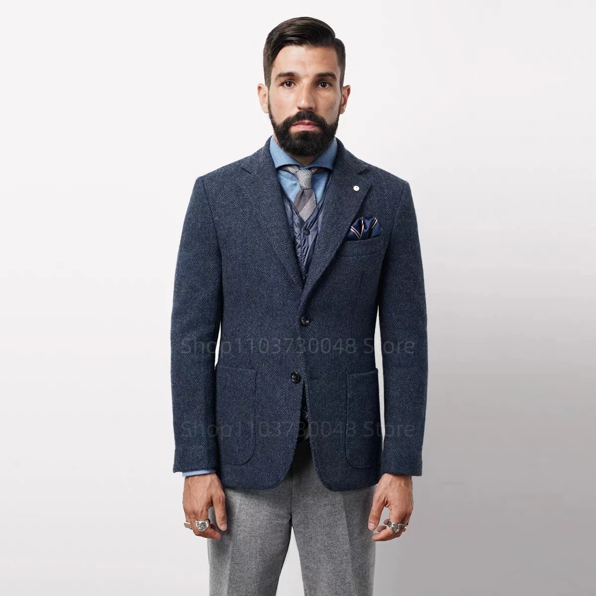 Men's Slim Fit Navy Blue Herringbone Tweed Wool Blazer Formal Notch Lapel Tuxedo Jacket 1-Piece Winter Coat for Wedding Business