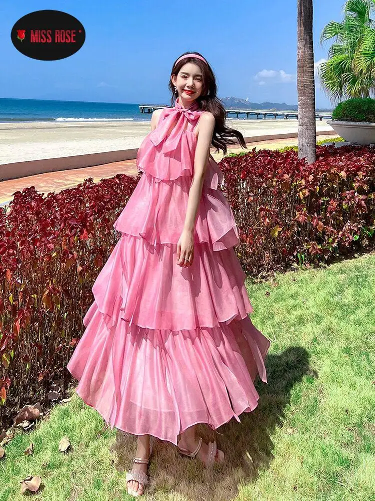 

Дизайнерское Розовое Бальное платье, платья для торта, женское богемное пляжное платье принцессы, милое длинное плиссированное платье, праздничные платья