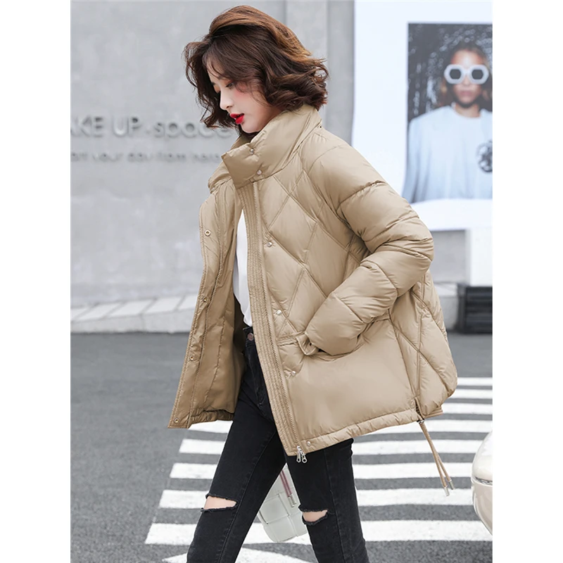 Women's Clothing Padded Jacket Khaki Outerwear Korean Fashion Loose Drawstring Design Winter New Short Female Cotton Clothes