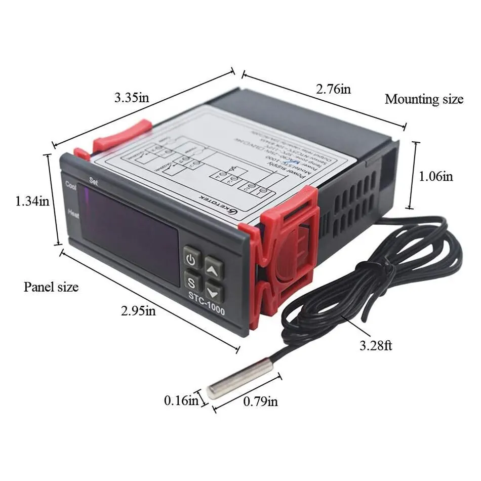 Digital Temperature Controller Digital Thermostat STC-1000 LED 2 Relays Output NTC Sensor Probe 12v 24v Heating Cooling