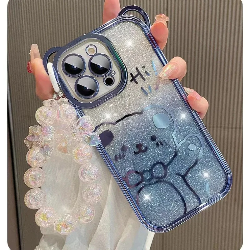 Sparkling Little Bear Bead Pendant Phone Case with Anti-Drop Chain Protection