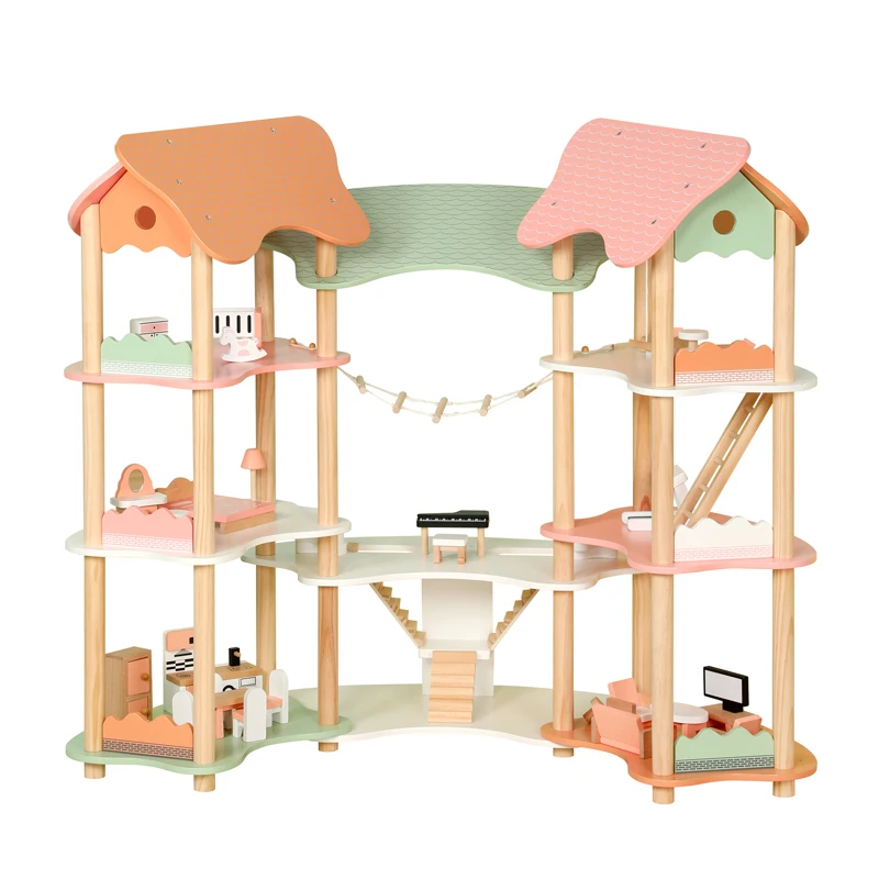 Kids Pretend Play Wooden Doll House with accessories