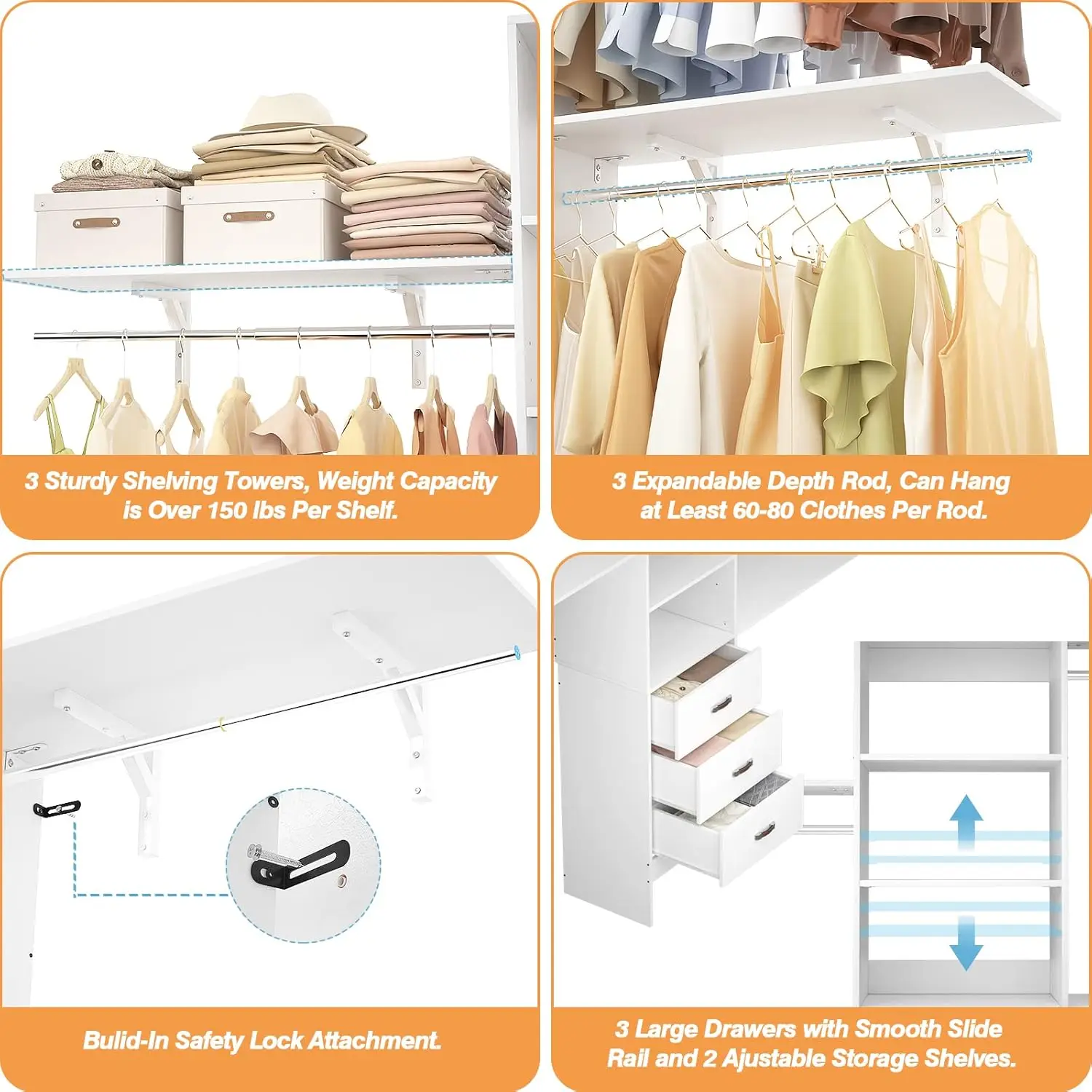 96 Inches Closet System, 8FT Walk In Closet Organizer with 3 Shelving Towers, Heavy Duty Clothes Rack 4