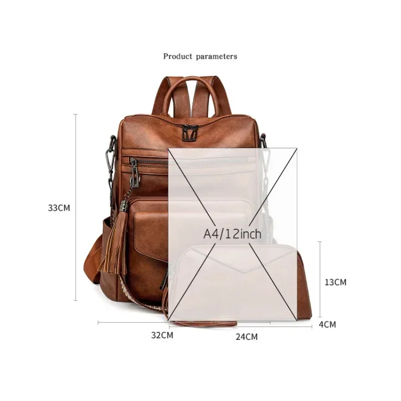 Leather Travel Fashion Purse Designer Ladies Shoulder Bags Backpack for Women Large Womens Backpack with Tassel Two-toned Brown 6