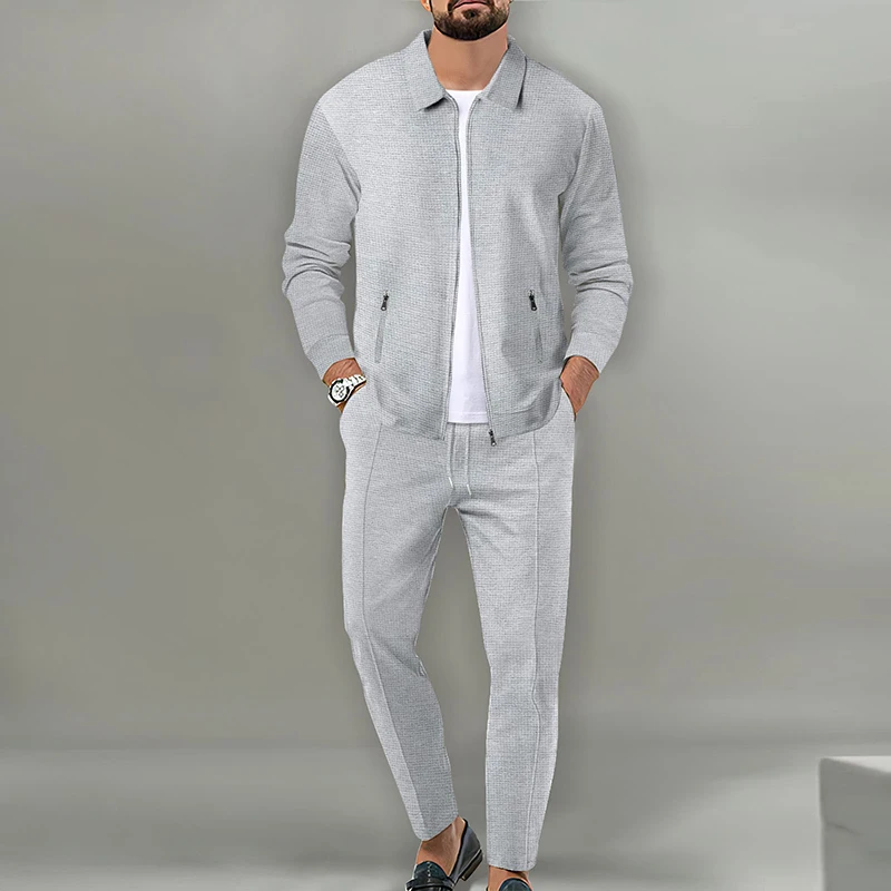 Leisure Waffle Two Piece Suits Men Casual Loose Lapel Zip-up Coats And Pants Sets For Mens Clothing Autumn Fashion Outfits Male