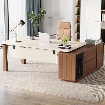 78.7-Inch Executive Desk, L-Shaped Desk with Cabinet, Large Office Desk with Storage Shelves, Writing Table Business Furniture 1