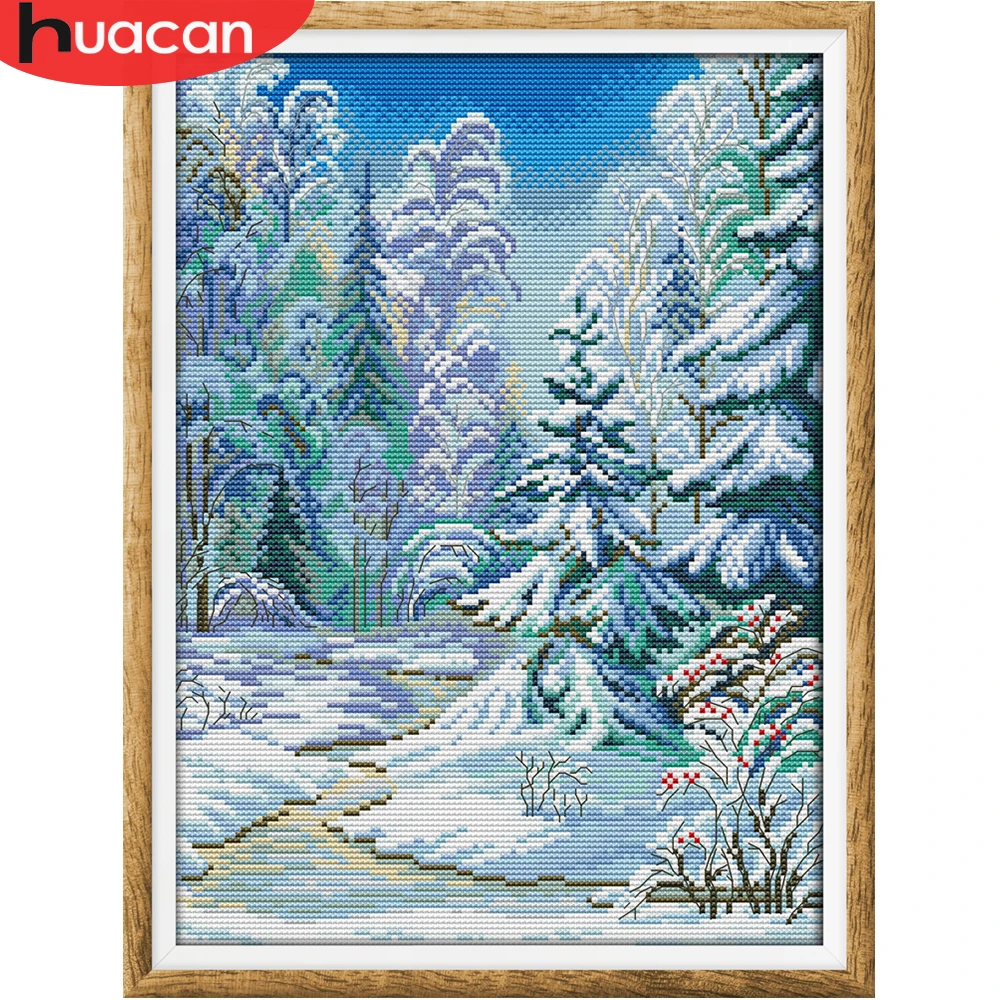 Huacan Cross Stitch Winter Forest Landscape Needlework Kits Diy