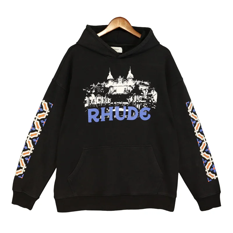 

Rhude Castle Print Autumn Hooded Sweatshirt Street Tide Loose Casual Mens Womens Hoodies Tops Heavyweight Washed