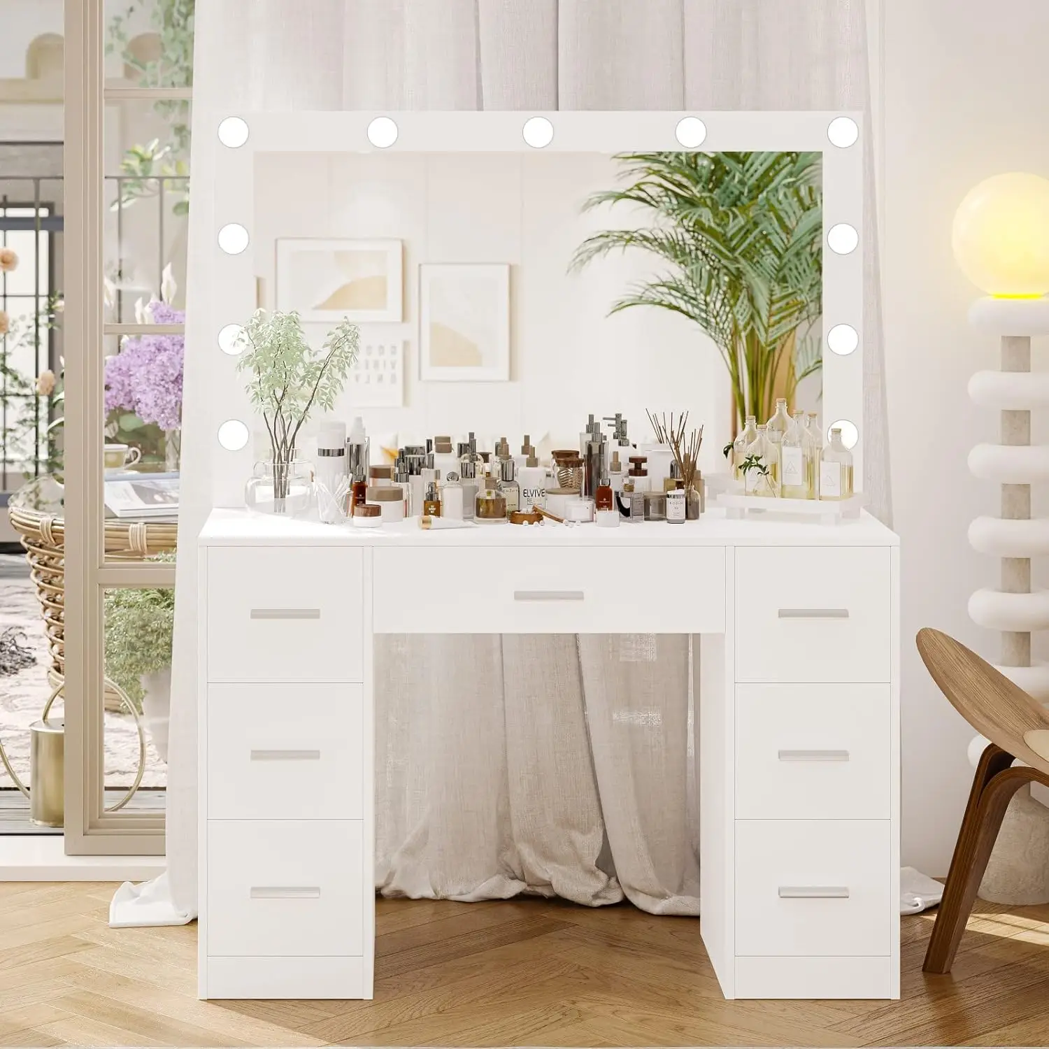 

Irontar Vanity Table, Makeup Table with Lighted Mirror, 3 Color Lighting Modes, Brightness Adjustable, Dressing Table with