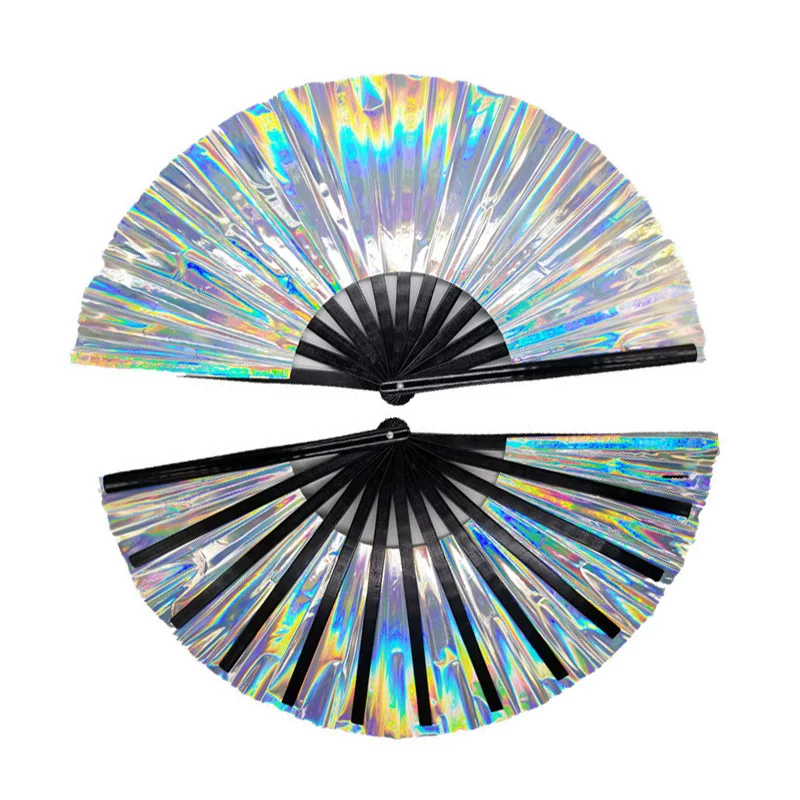 1Pc Pvc Phantom Laser Silver Large Kung Fu Fan Bounce Di Folding Fan Bar Halloween Party Flash Handheld Fan