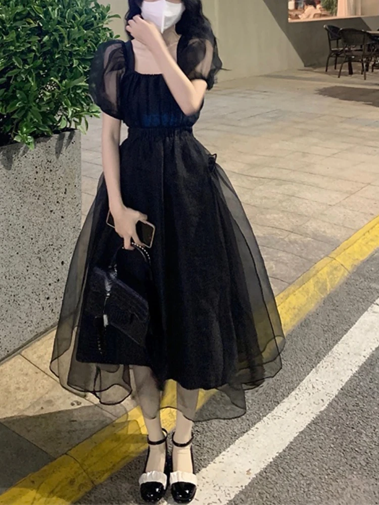 Vintage Black One Piece Dress Korean Short Sleeve Elegant Midi Dress