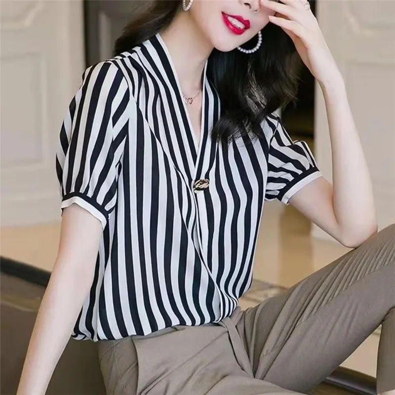 High Quality Silk Korean Fashion Women V-neck Elegant Chic Striped Shirts 2023Summer Casual Short Sleeve Loose Blouse Top Female