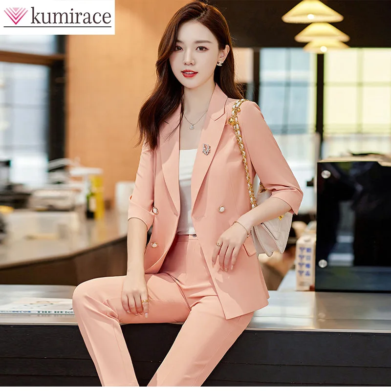 Pink Suit Set Women's 3/4 Sleeve Thin 2023 Korean Edition Professional Slim Fit Suit Two Piece Set High Quality Women Clothing