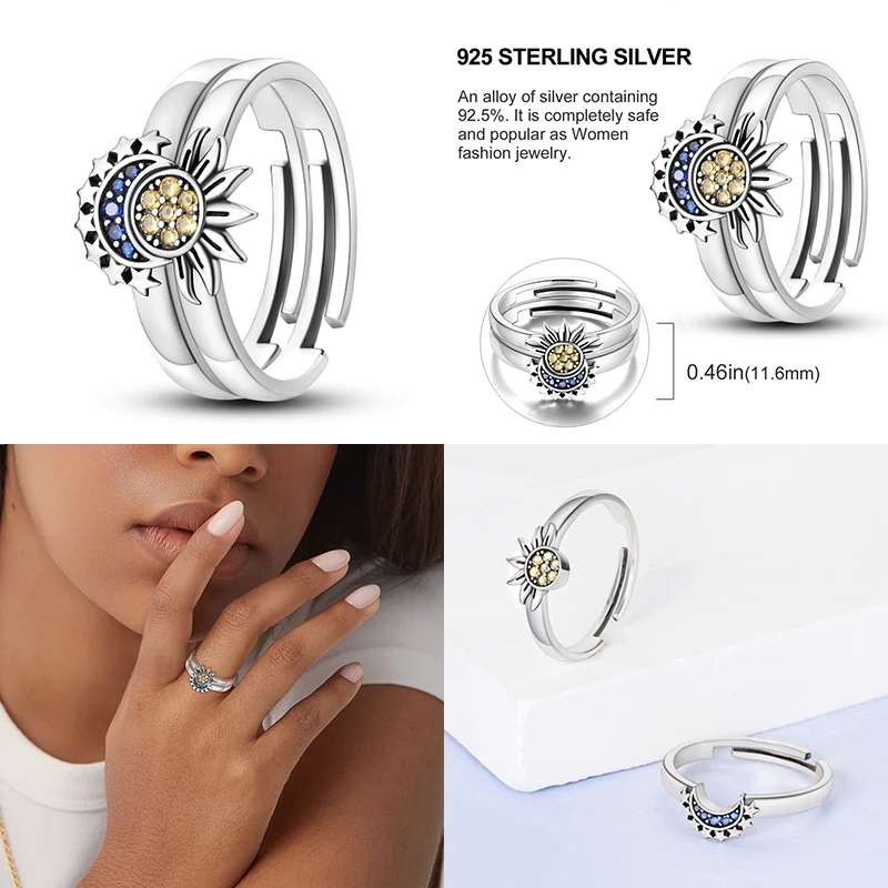 Pandora Celestial Sun & Moon Ring Set Dames 925 Zilveren Sieraden Verjaardag Geschenk Verlovingsringen 2023 Nieuw in Hot Fashion Unisex Ring Set