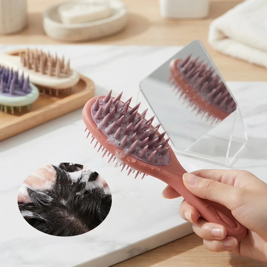 Spazzola per Massaggio del Cuoio Capelluto, Spazzola per Lavaggio Capelli con Setole Morbide, Manico Antiscivolo, Utilizzo su Capelli Bagnati o Asciutti, Strumento per Esfoliare e Cura del Cuoio Capelluto - immagine 2