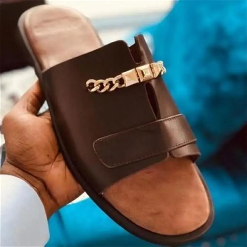 

New Sandals Men Shoes PU Solid Color Fashion Casual Beach Pool Daily One Word Open Toe Metal Chain Comfortable Slippers CP169