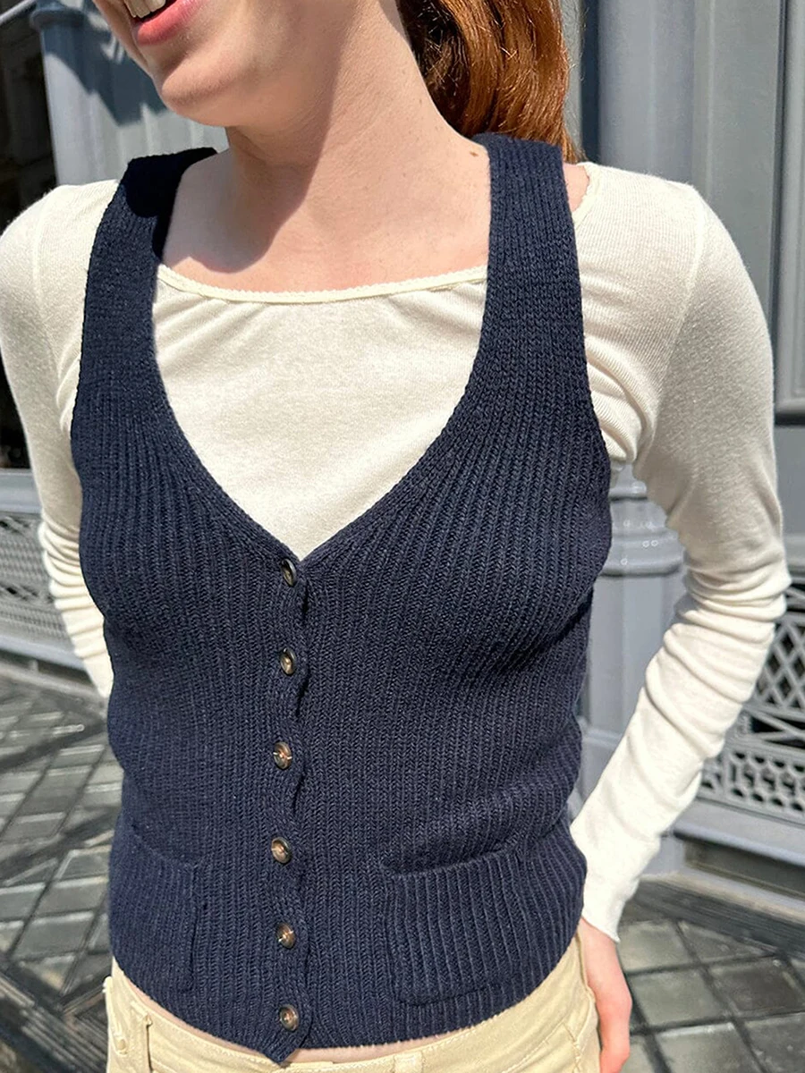 

Women's Summer Fall Knit Sweater Vest Korean Style Tank Tops Solid Color Ribbed Sleeveless V-Neck Button Front Slim Waistcoat