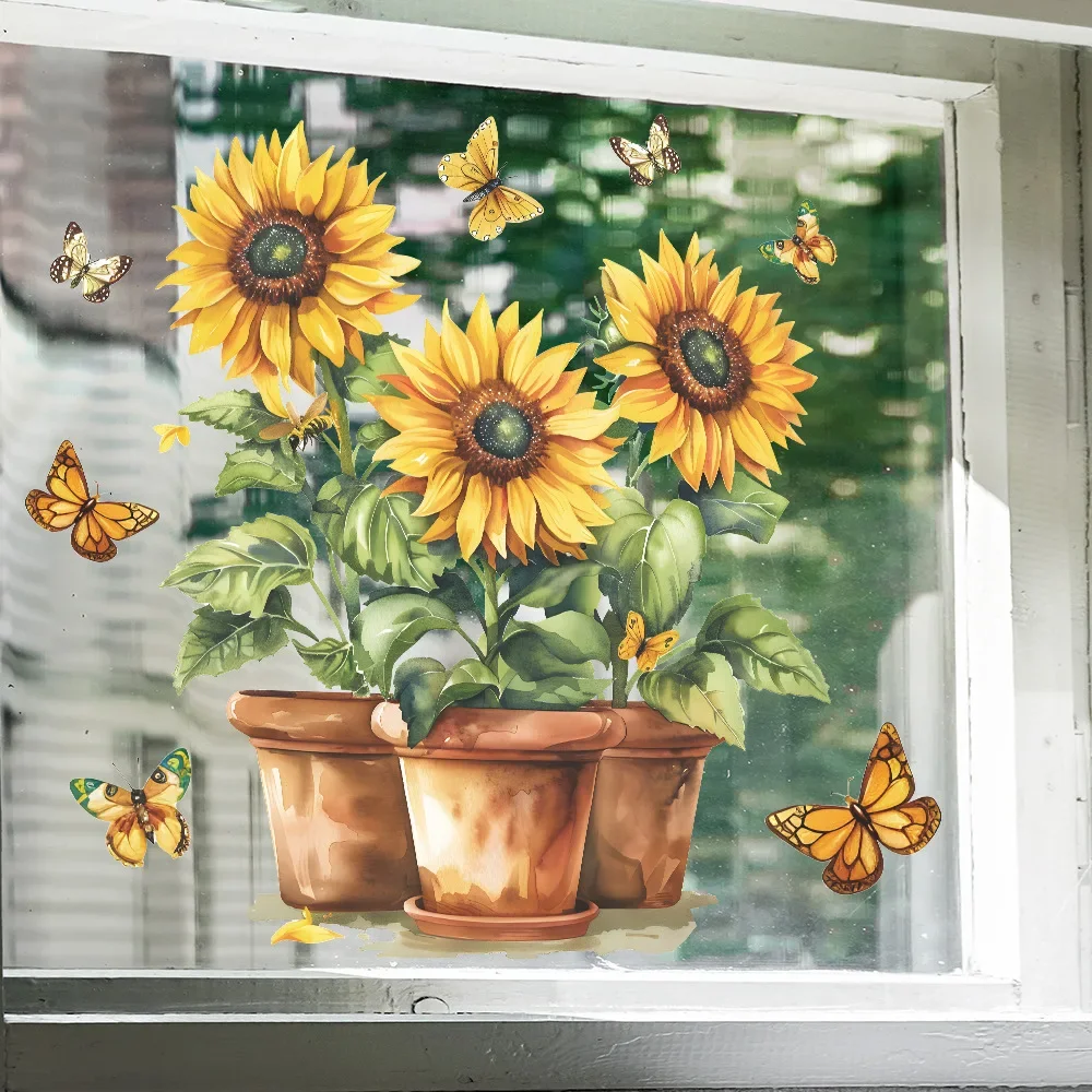 1PCS Creative Potted Sunflower Butterfly Glass Window Home Landscaping Decoration Electrostatic Uv Window Sticker