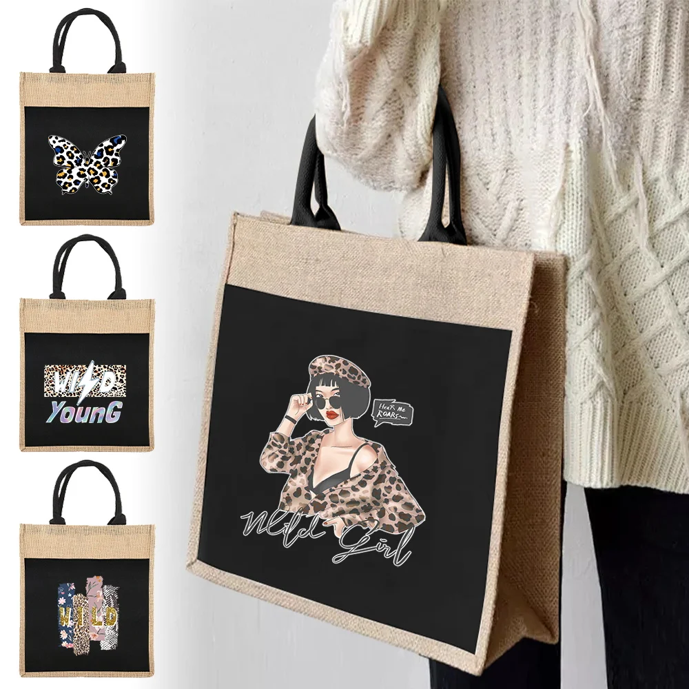 

Reusable Linen Shopping Bag Women's Tote Grocery Shopping Bag Wwild Pattern Print Convenient Picnic Bag Supermarket
