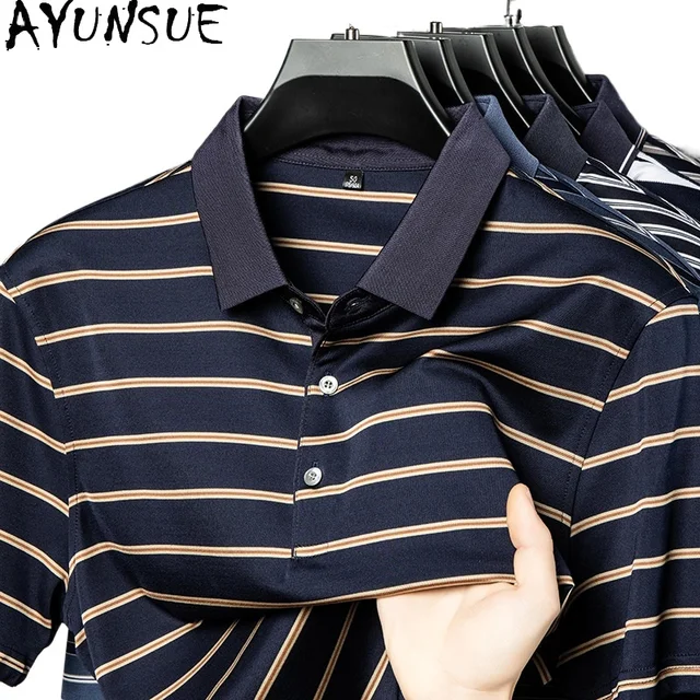 AYUNSUE Polos en Soie de Mûrier 100% Véritable Luxe Été 2026 T-shirt Rayé Tendance Décontracté à Manches Courtes Homme 1