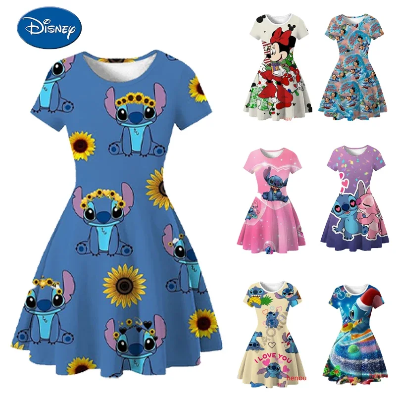 

2024 Stitch Dress Mickey Cartoon Children's Clothing Girls Dress Disney Summer ice Silk Girls Dress Gift