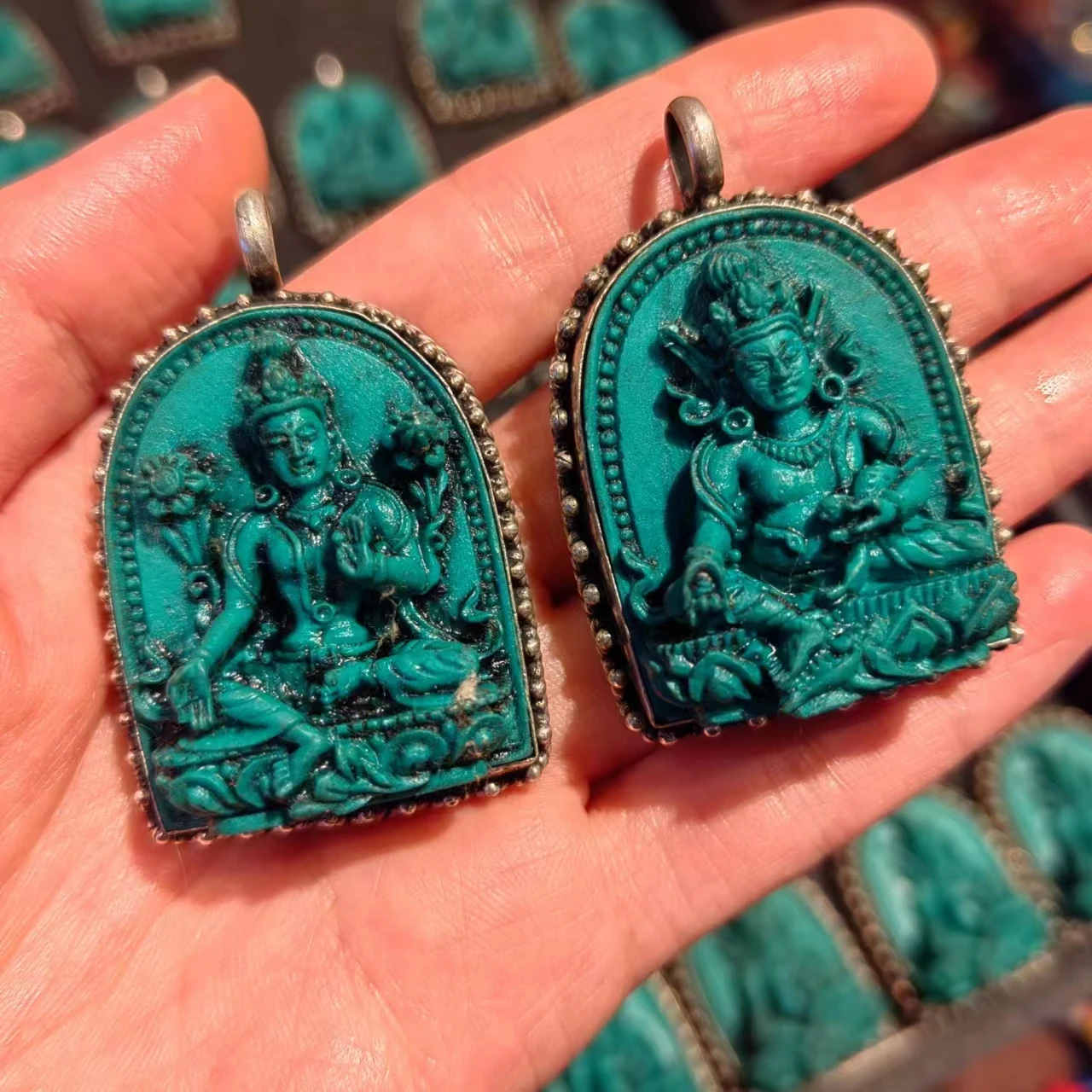 

1pcs/lot natural quality turquoise pendant Huang Caishen Green Tara Vajra pestle Vintage Nepal handiwork Personalized jewelry