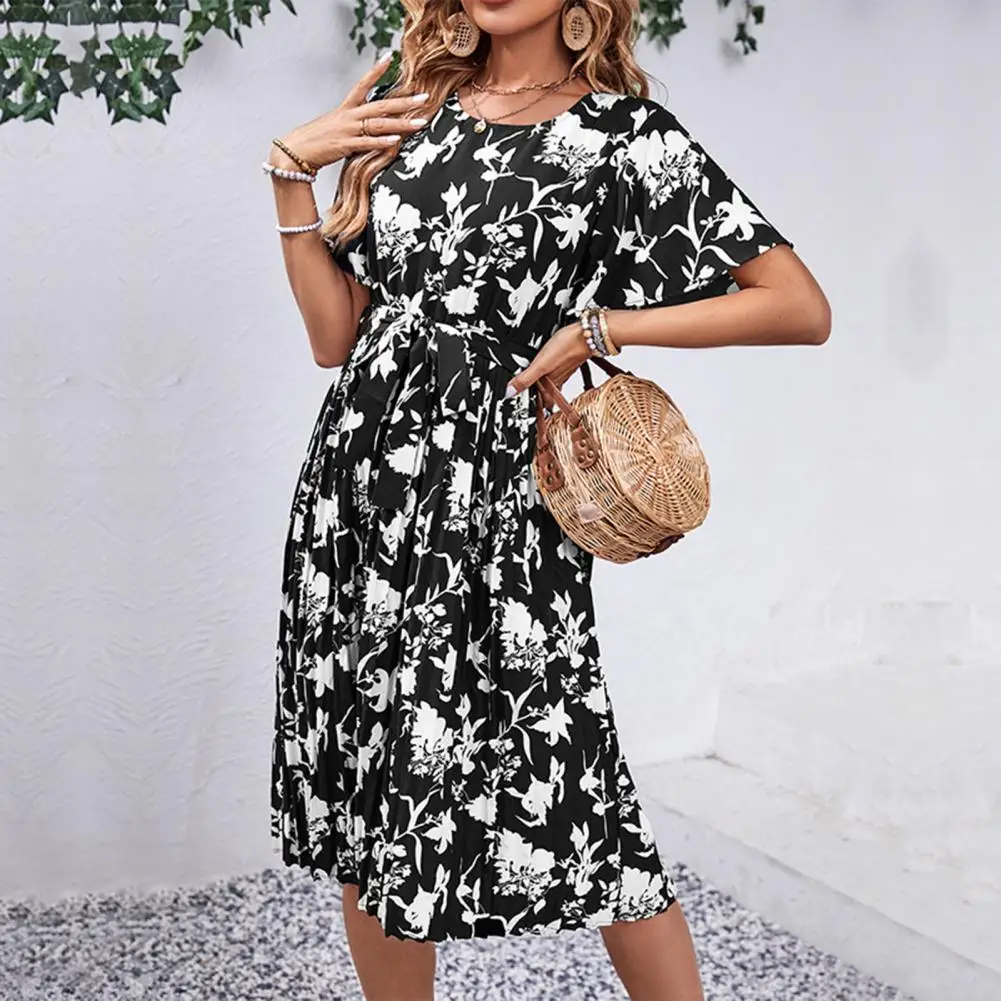 

Женское платье миди с цветочным принтом, летнее платье-трапеция с цветочным принтом, платье миди со шнуровкой и завышенной талией, лето 2019