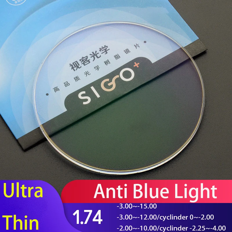 

1.74 Index Aspheric Lenses Anti Blue Light Ultra Thin Glasses Lens -3.00~-15.00 with Astigmatism Anti Reflection ResinLenses