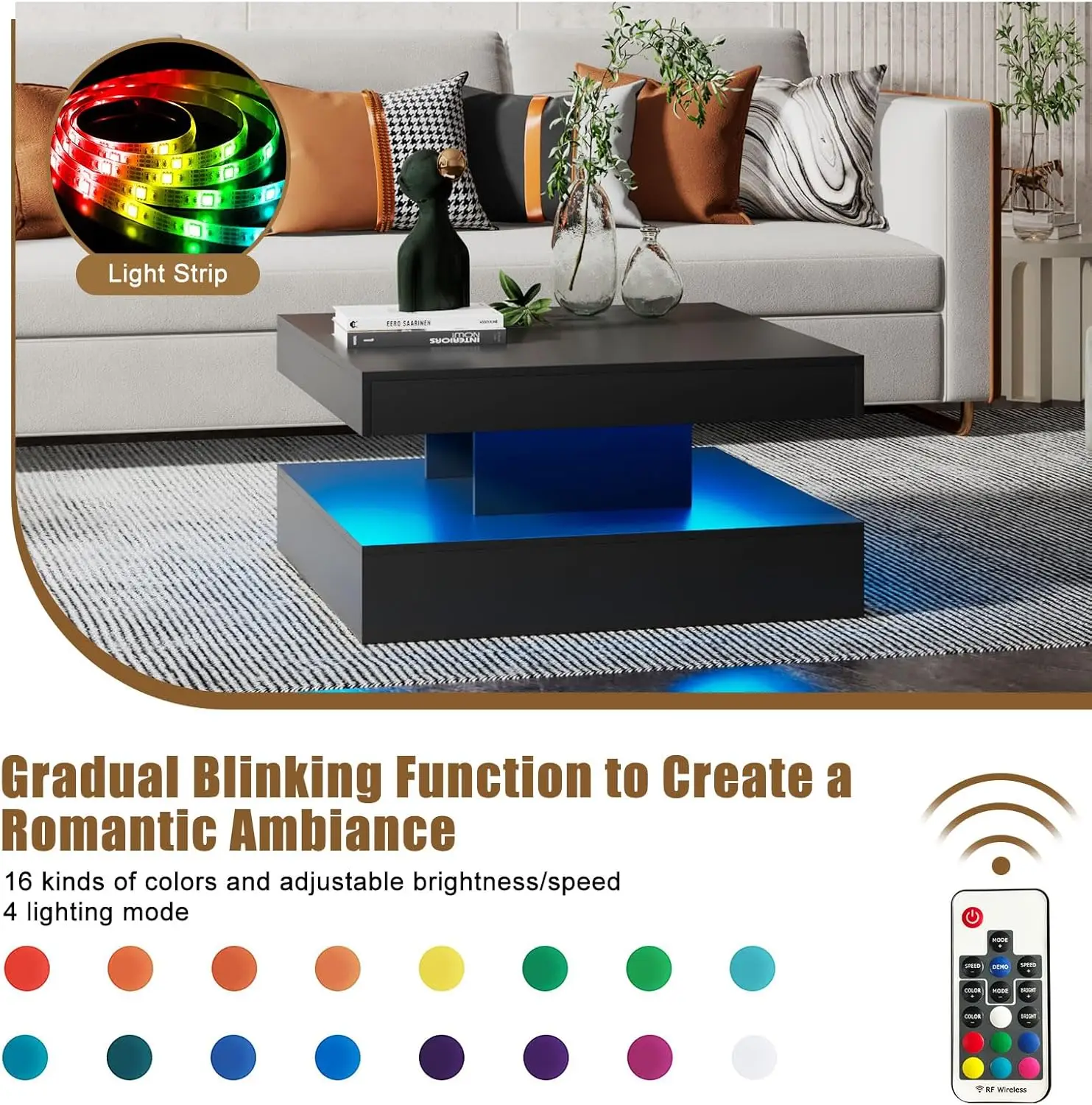 Black LED Coffee Table with Storage for Living Room Modern Smart Tall Square Center Table 2 Tier Display Shelf 20