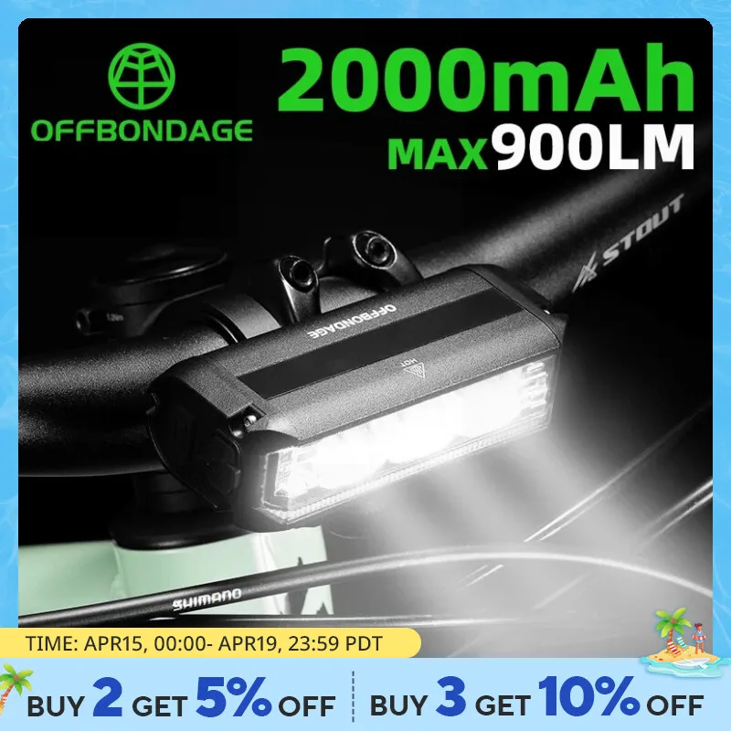 OFFBONDAGE Bicycle Light Front 900Lumen Bike Light 2000mAh Waterproof Flashlight USB Charging MTB Road Cycling Lamp