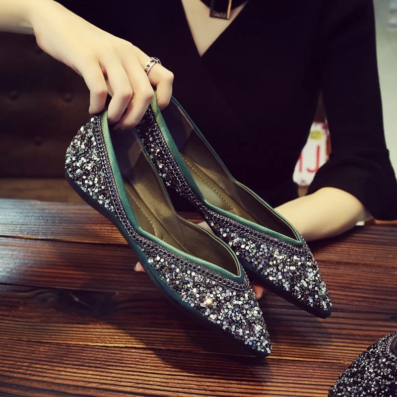 Zapatos de Ballet con purpurina para mujer, con punta puntiaguda y perlas, alpargatas de tacón bajo, para primavera y otoño| - AliExpress