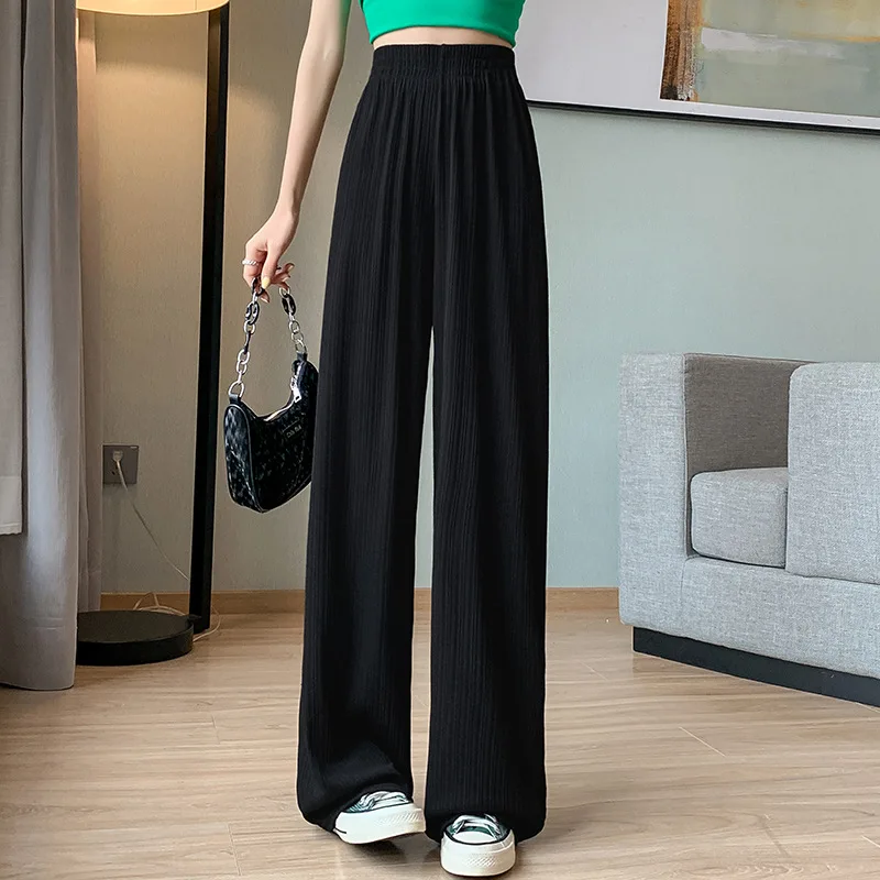 Ice Silk Wide Leg Pants Women\'s Spring and Autumn Thin Fold Vertical Stripe Chiffon High Waist Draping Loose Straight Leg Pants