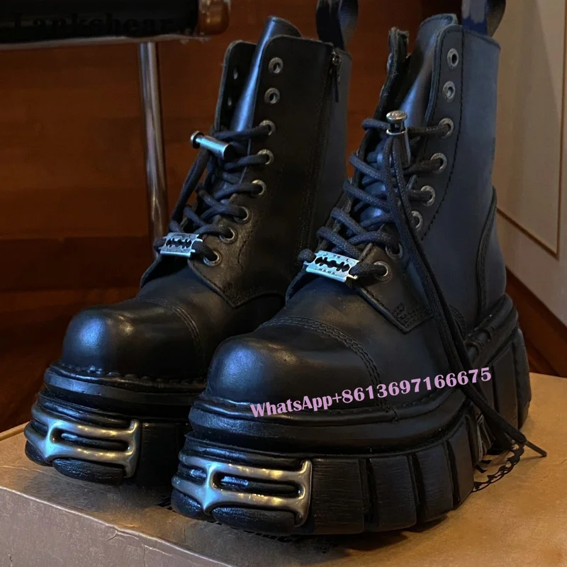 Metal Thick-Soled Boots Women's Razor Trim Dark Punk Ankle Lace Up Boots Cool Goth Motorcycle Boots Ankle Boots Ladies