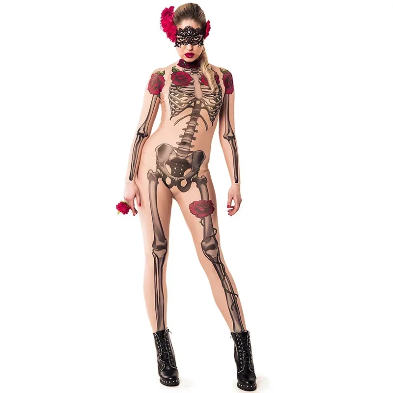 Women Sexy Cosplay Halloween Costume Jumpsuit Rose Skeleton Party Romper Carnival Body Suit Devil Ghost Specter Scary Costume