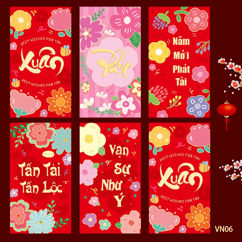 6Pcs Creative Vietnamese Red Envelopes New Year Red Pocket Money Packing Bag Hongbao Spring Festival Packets Decoration