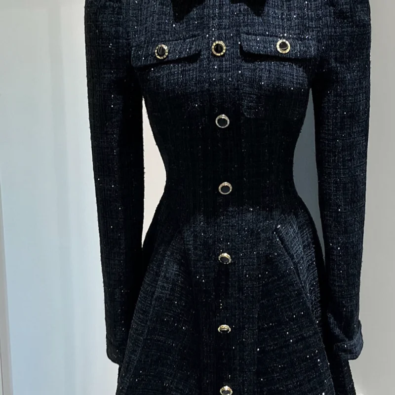 French Black Small Fragrant Tweed Dress Women's Long Sleeves Waist Slim A Line Fashion Sweet Shiny Chic pleats Short Dress Woman