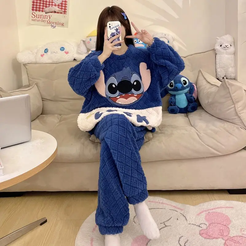 Women Pajamas Winter New Female Coral Velvet Thickened Fleece Lined Cute Cartoon Homewear Suit Round Neck Warm Nightclothes 2024
