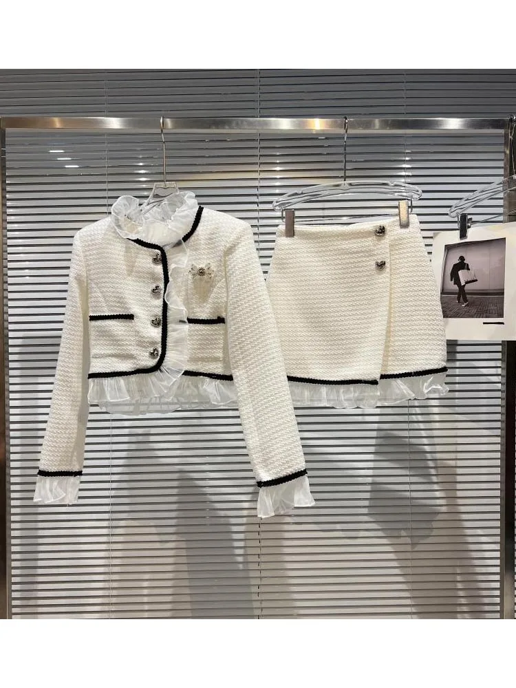 

HIGH STREET Newest 2023 Designer Runway Suit Set Women Mesh Pleated Edge jacket Skirt Suit