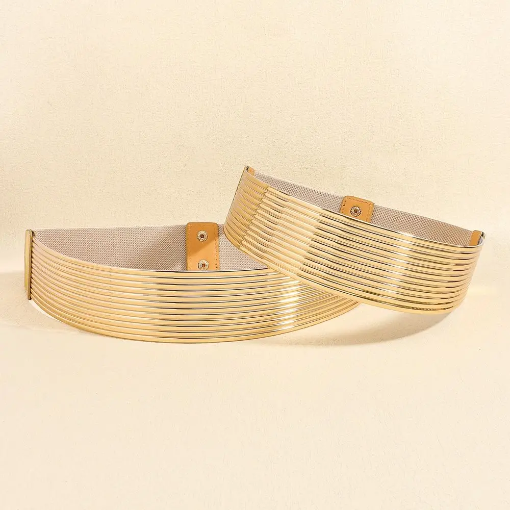 High Quality Gold Waist Belt Elastic Bright Buttoning Belt Wide Tight Waistband for Women