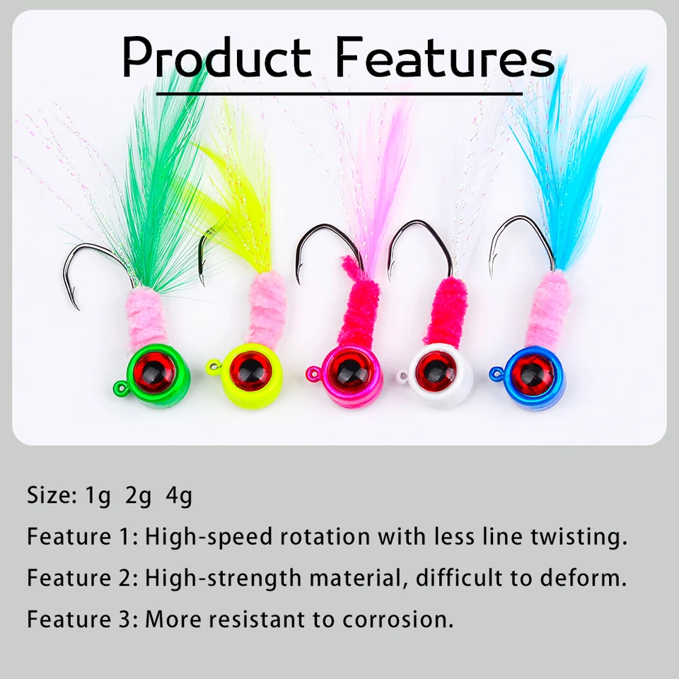 10 Testine Jig Con Piume Marabù DR.FISH – Esche Affondanti Per Crappie, Trota, Bass E Walleye – Acqua Dolce E Salata