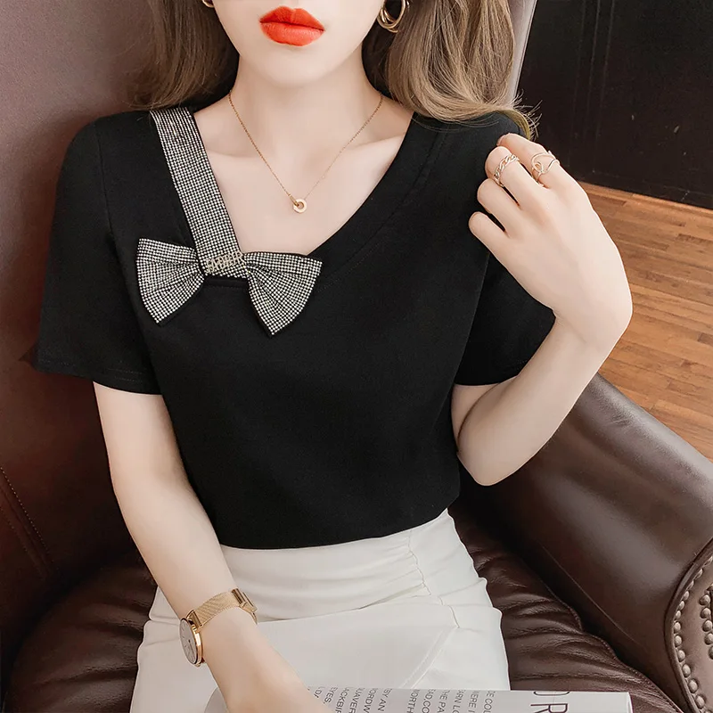 

2023 Summer European Clothes Cotton T-Shirt Women Sexy Skew Collar Shiny Diamonds Bowknot Tops Short Sleeve All Match Tees 37124