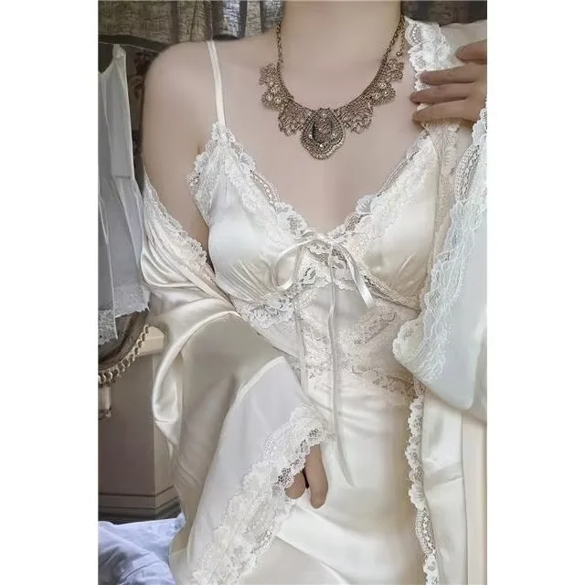 الربيع 2 قطعة مجموعات المرأة مثير فستان بحزام + معاطف عادية الكورية أنيقة طويلة سبليت فستان المرقعة الدانتيل خمر فستان البدلة Y2k