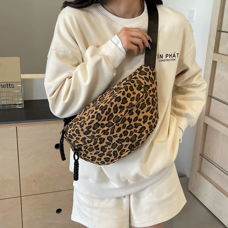 Fashion Leopard Print Waist Chest Crossbody Bag Woman Canvas Belt Bag Female Designer