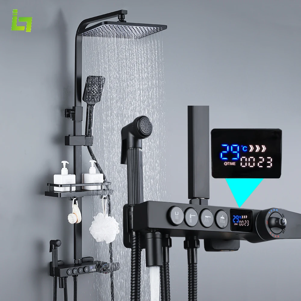 Bathroom faucet bathroom shower faucet set thermostatic mixing valve Black display thermostatic shower faucet set rainfall bathtub tap bathroom shelf water flow produces electricity