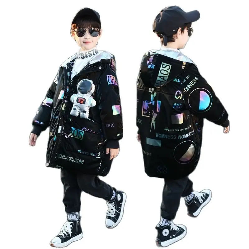 

Boys Fashion Down Jackets Winter Cotton Mid-length Thickened Warm Coats Teens Letter Print Three-dimensional Cartoon Tops 4-12 Y